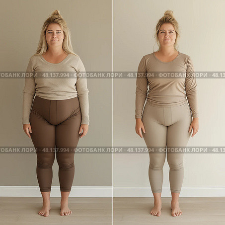 Transformation of a woman in fitness apparel showing body confidence. Преображение женщины в одежде для фитнеса, демонстрирующей уверенность в себе, похудение, до, после. Стоковое AI-изображение, AI-художник Katsiaryna Repich / Фотобанк Лори