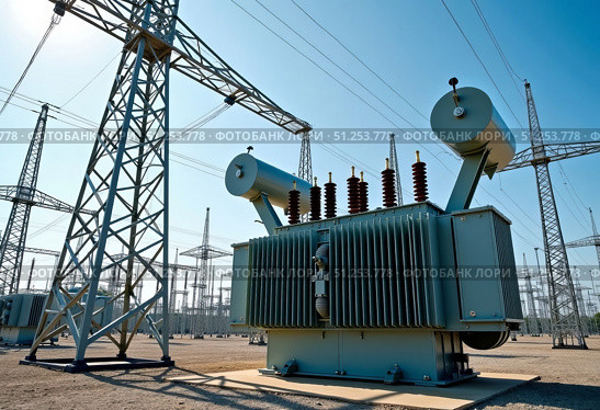 Трансформатор на электрической подстанции. Передача электроэнергии. A transformer at an electrical substation. Transmission of electricity. Стоковое AI-изображение, AI-художник ketpro.design / Фотобанк Лори