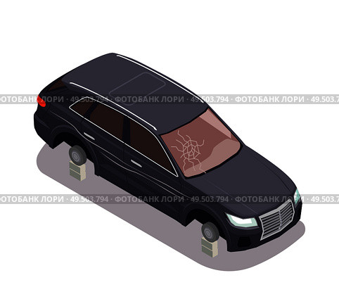 Transport composition with black car without tyres and with broken wind screen on white background 3d isometric vector illustration. Стоковая иллюстрация, агентство Ingram Publishing / Фотобанк Лори