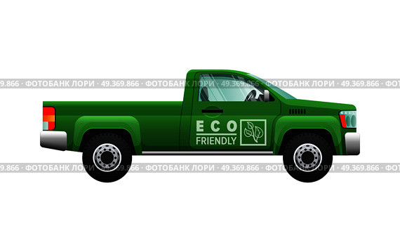 Transport. Picture of isolated green classical pickup. Ecologically clean car with two doors. Useful and cheap mean of transportation. Four-wheeled automobile in cartoon style. Flat design. Vector. Transport. Isolated Classic Green Car. Eco Pickup. Стоковая иллюстрация, агентство Ingram Publishing / Фотобанк Лори