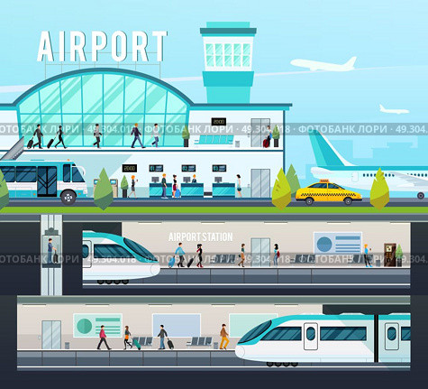 Transport Terminal Compositions. Transport terminal compositions with airport interior elements and planes and railway station with trains isolated vector illustration  . Стоковая иллюстрация, агентство Ingram Publishing / Фотобанк Лори
