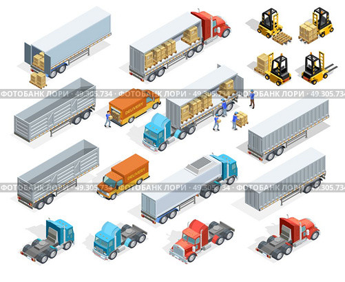 Transportation Isometric Elements Set. Transportation isometric elements set with loaded and empty trucks trailers boxes forklifts and workers isolated vector illustration. Стоковая иллюстрация, агентство Ingram Publishing / Фотобанк Лори