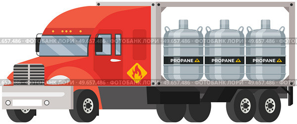 Transportation of gas cylinders, canisters with fuel. Metal tanks with liquefied compressed petroleum, propane. Pressurized gas cylinders inside truck. Flammable material delivery and logistics. Transportation of gas cylinders, canisters with fuel. Metal tanks with propane inside truck. Стоковая иллюстрация, агентство Ingram Publishing / Фотобанк Лори