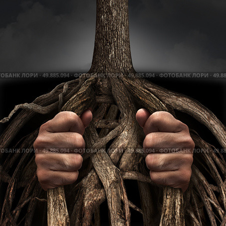 Trapped concept and mental prison symbol as a person caged and imprisoned by the slow growing roots of a tree as a metaphor for chronic ingrained suffering due to an addiction or psychological illness. Стоковое фото, агентство Ingram Publishing / Фотобанк Лори