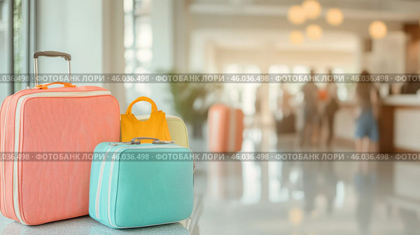 Travel bags in modern hotel lobby with blurred receptionists. Стоковое AI-изображение, AI-художник Анастасия Золотницкая / Фотобанк Лори