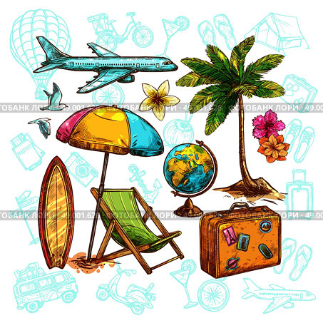 Travel sketch set with sunshade globe and palm vector illustration. Travel Sketch Set. Стоковая иллюстрация, агентство Ingram Publishing / Фотобанк Лори