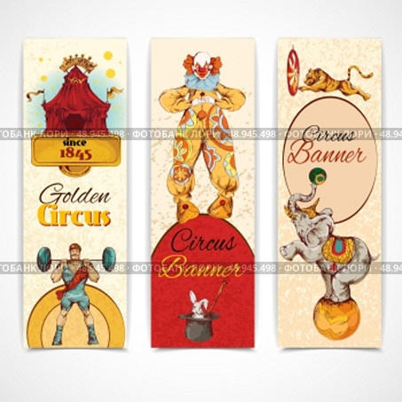 Traveling chapiteau circus advertising fantastic clown performance three vertical vintage banners set isolated doodle sketch vector illustration. Стоковая иллюстрация, агентство Ingram Publishing / Фотобанк Лори