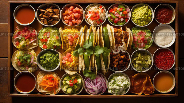 tray top mexican food taco ai generated. Стоковое AI-изображение, AI-художник Vectorwin / Фотобанк Лори