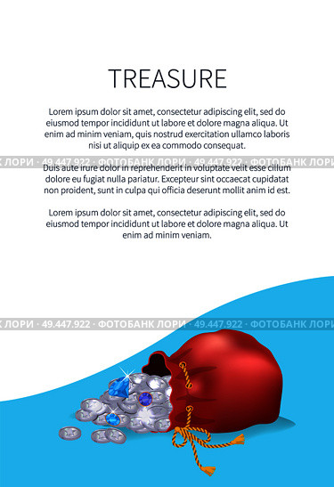 Treasure poster bag with shiny expensive diamonds. Ancient precious treasures in bunch. Expensive gems, precious crystals vector illustration leaflet. Bag with Shiny Diamonds and Heap of Natural Gold. Стоковая иллюстрация, агентство Ingram Publishing / Фотобанк Лори