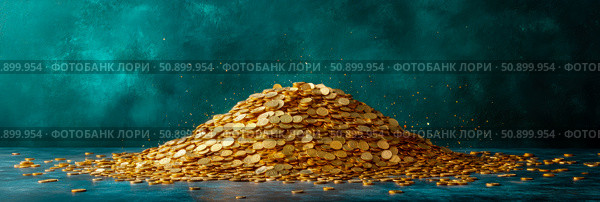 Treasure Trove: Abundance of Wealth, A mountain of golden coins for St. Patrick, symbolizing prosperity and fortune on a grungy teal , ideal for digital art. Стоковое AI-изображение, AI-художник Данила Большаков / Фотобанк Лори