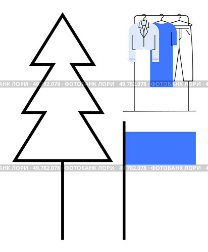 Tree outline next to a flag and clothing rack with blue and white garments. Ideal for retail, Christmas sales, seasonal promotions, design inspiration, eco-friendly marketing, minimalist designs. Minimalist Tree Outline with Blue Flag and Hanging Clothes on Rack for Seasonal Promotions. Стоковая иллюстрация, агентство Ingram Publishing / Фотобанк Лори