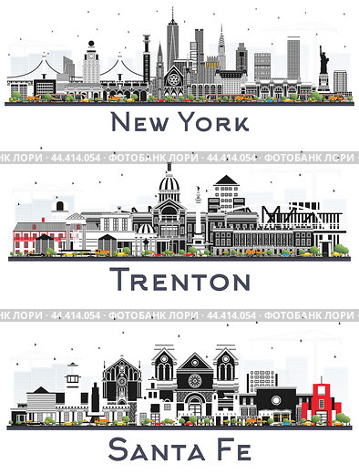 Trenton New Jersey, Santa Fe New Mexico and New York USA City Skyline Set. Стоковая иллюстрация, иллюстратор Игорь Сорокин / Фотобанк Лори
