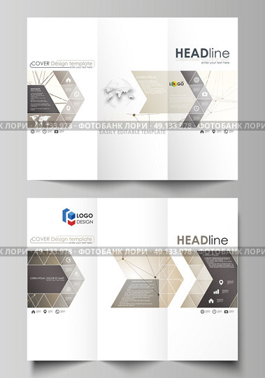 Tri-fold brochure business templates on both sides. Abstract vector layout in flat design. Technology, science, medical concept. Golden dots and lines, cybernetic digital style. Lines plexus.. Tri-fold brochure business templates on both sides. Easy editable abstract vector layout in flat design. Technology, science, medical concept. Golden dots and lines, cybernetic digital style. Lines plexus. Стоковая иллюстрация, агентство Ingram Publishing / Фотобанк Лори