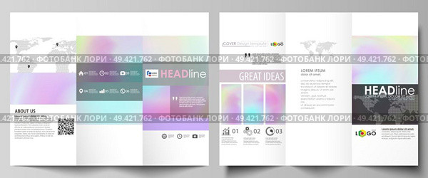 Tri-fold brochure business templates on both sides. Easy editable abstract vector layout in flat design. Hologram, background in pastel colors with holographic effect. Blurred colorful pattern, futuristic surreal texture.. Tri-fold brochure business templates on both sides. Abstract vector layout in flat design. Hologram, background in pastel colors with holographic effect. Blurred colorful pattern, futuristic texture. Стоковая иллюстрация, агентство Ingram Publishing / Фотобанк Лори