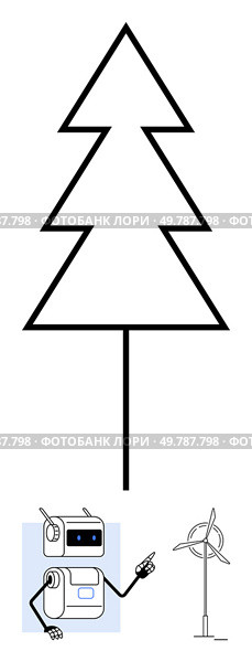Triangular pine tree thinking robot, wind turbine. Ideal for sustainability, technology, renewable energy, modern, futuristic, minimalism, environmental awareness Line metaphor. Minimalist Pine Tree, Robot in Thought, and Wind Turbine Environmental Technology Fusion. Стоковая иллюстрация, агентство Ingram Publishing / Фотобанк Лори