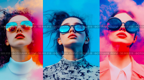 Triptych Portrait: Three Women Wearing Reflective Eyewear against Colorful Vaporwave. Стоковое AI-изображение, AI-художник Данила Большаков / Фотобанк Лори