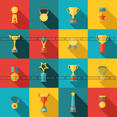 Trophy icons flat set of medallion success award winner medal isolated vector illustration. Стоковая иллюстрация, агентство Ingram Publishing / Фотобанк Лори