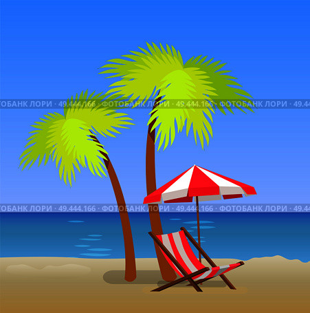 Tropical beach with chaise lounge under pam trees, striped umbrella and sunbed on coastline, vector illustration of summer time landscape, sea and sand. Tropical Beach with Chaise Lounge Under Pam Trees. Стоковая иллюстрация, агентство Ingram Publishing / Фотобанк Лори
