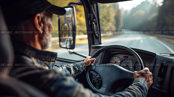 Truck driver behind the wheel. Стоковое AI-изображение, AI-художник Кирилл Черезов / Фотобанк Лори