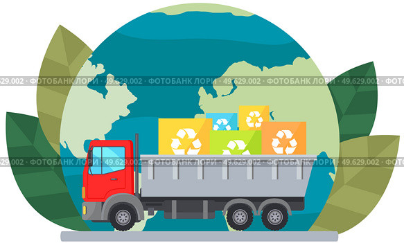 Truck transporting recycled objects. Car with garbage on background of planet. Truck with containers for recycling and waste-free disposal without harm to environment. World globe vector illustration. Truck transporting recycled objects in containers. Car with garbage on background of planet. Стоковая иллюстрация, агентство Ingram Publishing / Фотобанк Лори