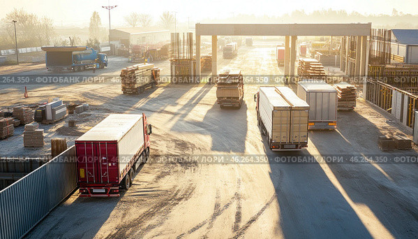 Trucks carrying building materials entering construction site at sunrise. Стоковое AI-изображение, AI-художник Юрий Поздников / Фотобанк Лори