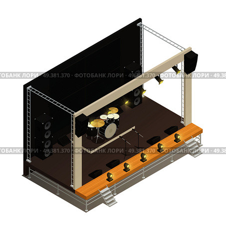 Truss construction of outdoor festival stage with powerful audio amplifiers and drums isometric design concept vector illustration. Outdoor Festival Stage . Стоковая иллюстрация, агентство Ingram Publishing / Фотобанк Лори
