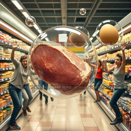 Цена мяса взлетела, как  мыльный пузырь, товар, заключённый в мыльный пузырь, как символ "надутой" ценности. Стоковое AI-изображение, AI-художник Эссе / Фотобанк Лори