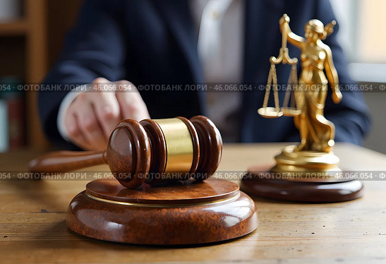 Церемониальный молоток на столе у судьи. The ceremonial hammer is on the judge's desk. Стоковое AI-изображение, AI-художник Гер Олег / Фотобанк Лори