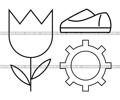 Tulip flower, shoe, and gear line drawings highlight essential objects. Ideal for design, simplicity theme, business-related concepts, nature symbolism, manufacturing highlights, fashion topics. Minimalist Tulip Flower, Shoe, and Gear Line Art Represents Simplicity and Versatility. Стоковая иллюстрация, агентство Ingram Publishing / Фотобанк Лори