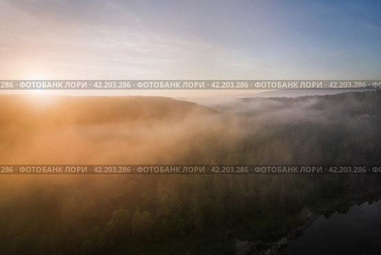 Туман стелется над слоями гор и лесом на рассвете. Стоковое фото, фотограф Сергей Егоров / Фотобанк Лори