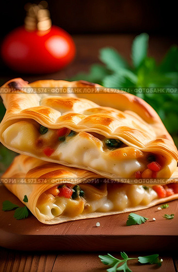Turkish puff pastry burek flatbread with vegetables and cheese, garnished with herbs. Стоковое AI-изображение, AI-художник Алла Чесноковва / Фотобанк Лори