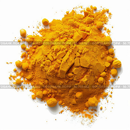 Turmeric powder forming a heap on white background. Стоковое AI-изображение, AI-художник Иван Рябоконь / Фотобанк Лори