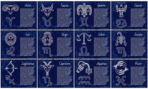 Twelve astrological signs. Icons of aquarius and gemini, virgo and scorpio, cancer and taurus, aries and libra, leo and pisces, capricort and sagittarius. Vector illustration of zodiacs in flat style. Twelve Astrological Signs, Isolated Icon of Zodiac. Стоковое фото, агентство Ingram Publishing / Фотобанк Лори