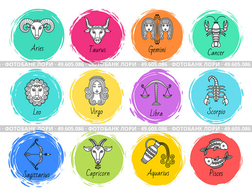 Twelve astrological signs. Icons of aquarius and gemini, virgo and scorpio, cancer and taurus, aries and libra, leo and pisces, capricort and sagittarius. Vector illustration of zodiacs in flat style. Twelve Astrological Signs, Isolated Icon of Zodiac. Стоковая иллюстрация, агентство Ingram Publishing / Фотобанк Лори