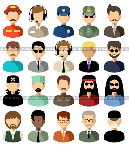 Twenty vector icons of men of a different nationality, with different hairdresses and in different clothes. Стоковая иллюстрация, агентство Ingram Publishing / Фотобанк Лори