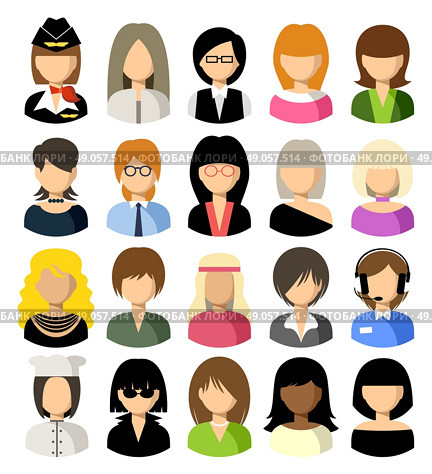 Twenty vector icons of women of a different nationality, with different hairdresses and in different clothes. Стоковая иллюстрация, агентство Ingram Publishing / Фотобанк Лори