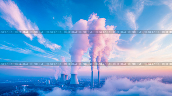 Twilight emission: Industrial complex spewing vapor, a stark commentary on environmental impact against a scenic colorful sky. Стоковое AI-изображение, AI-художник Данила Большаков / Фотобанк Лори