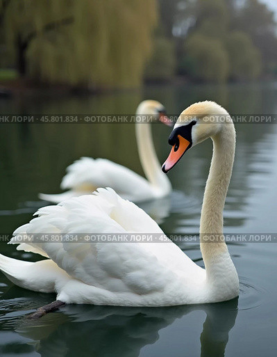 Two beautiful swans swim together in tranquil water, reflecting their graceful forms as morning light. Swans Cygnus are a genus of birds from order Anseriformes of the duck family. Generative AI. Стоковое AI-изображение, AI-художник Юлия Петровская / Фотобанк Лори