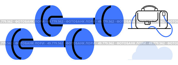 Two blue dumbbells next to a briefcase and clouds. Ideal for work-life balance, fitness, gym promotions, office wellness programs, personal trainers, corporate wellness, and motivational graphics. Balancing Work and Fitness with Dumbbells and Briefcase Illustration. Стоковая иллюстрация, агентство Ingram Publishing / Фотобанк Лори
