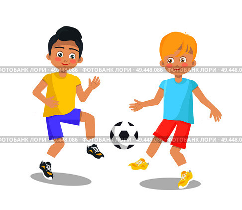 Two boys playing with football ball clothed in summer apparel isolated on white background. Toddlers in t-shirts and shorts play active games. Little Boy Playing Football on White Background. Стоковая иллюстрация, агентство Ingram Publishing / Фотобанк Лори
