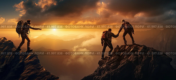 Two climbers holding hands on a mountain peak against the background of the rising sun help each other climb the mountain. Стоковое AI-изображение, AI-художник Ярославский Максим / Фотобанк Лори