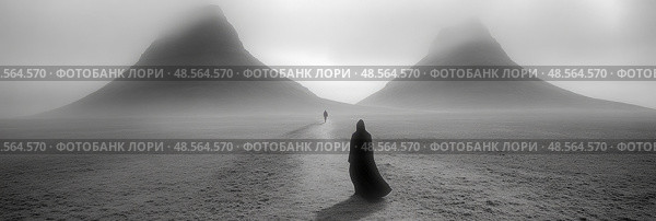 Two cloaked figures traverse a misty expanse, heading towards dark hills shrouded in fog under the quiet light of early morning. Стоковое AI-изображение, AI-художник Данила Большаков / Фотобанк Лори