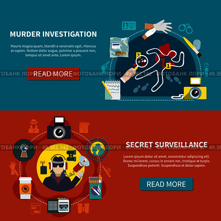Two detective banner set with murder investigation secret surveillance and read more buttons vector illustration. Two Detective Banner Set. Стоковая иллюстрация, агентство Ingram Publishing / Фотобанк Лори