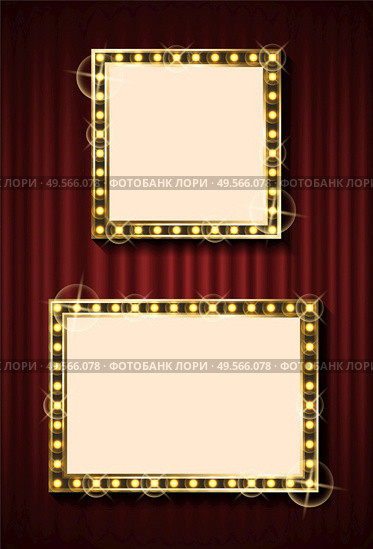 Two different size frames with small light bulb around. Bright mirror or background element. Golden illuminated neon decoration. Retro style vector. Light Bulbs Vintage Neon Glowing Banner Frame. Стоковая иллюстрация, агентство Ingram Publishing / Фотобанк Лори