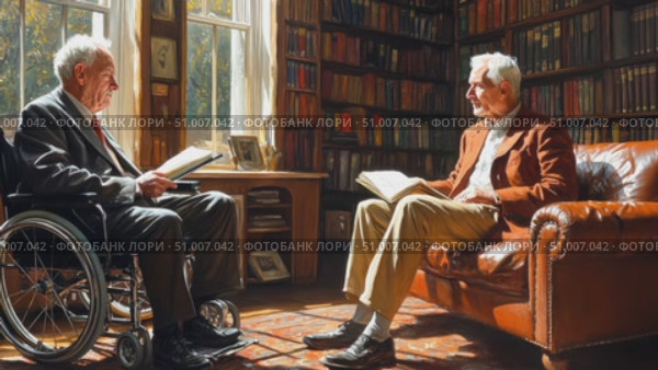 Two elderly men sit in a warmly lit library, deeply engaged in reading and sharing insights from their books as sunlight streams in through the windows. Стоковое AI-видео, аниматор Данила Большаков / Фотобанк Лори