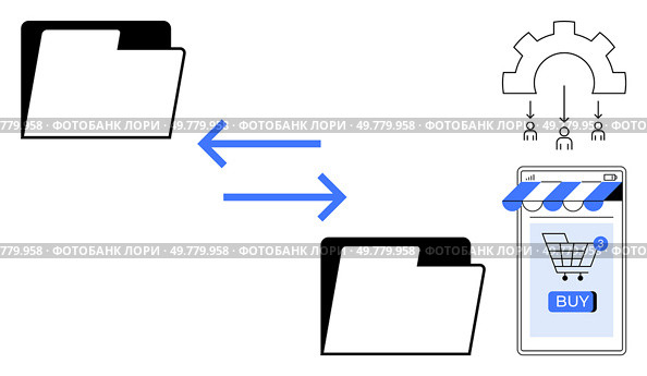 Two folders with bidirectional arrows indicating data transfer next to a smartphone shopping app with a gear icon. Ideal for digital marketing, data management, online shopping, automation, mobile. E-commerce Data Transfer and Automation Processes. Стоковая иллюстрация, агентство Ingram Publishing / Фотобанк Лори