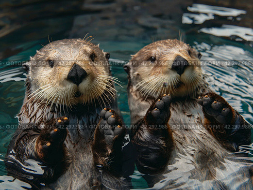 Two furry sea otters swimming in the water. Стоковое AI-изображение, AI-художник Кирилл Черезов / Фотобанк Лори