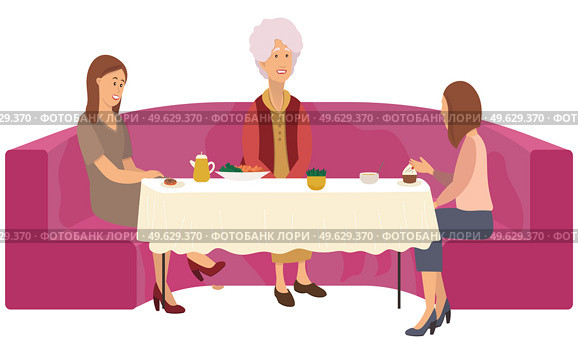 Two girls and a elderly gray-haired woman are sitting at a table on a big red sofa. Consultation with a psychologist in a cafe with cups of tea and cakes. Grandmother communicates with two women. Two girls and a elderly gray-haired woman are sitting at a table on a big red sofa in a restaurant. Стоковая иллюстрация, агентство Ingram Publishing / Фотобанк Лори