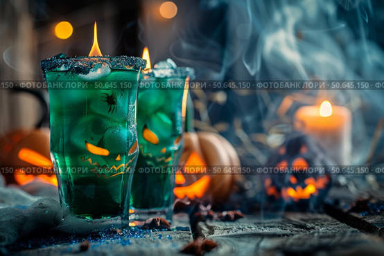 Two halloween cocktails burning with pumpkins and candles in a spooky atmosphere. Стоковое AI-изображение, AI-художник Иван Рябоконь / Фотобанк Лори