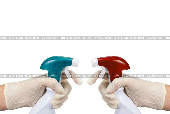 Two hands holding cleaner in spray against each other. Стоковое фото, фотограф Jaroslav Frank / PantherMedia / Фотобанк Лори